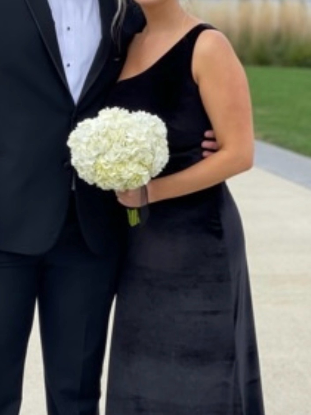 Kennedy Blue Velvet Black one shoulder bridesmaid dress altered to fit 5’3
